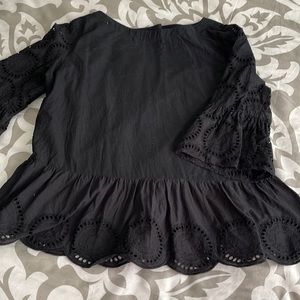 Loft black cotton eyelet peplum 3/4 sleeve top. Eyelet sleeves and peplum ruffle